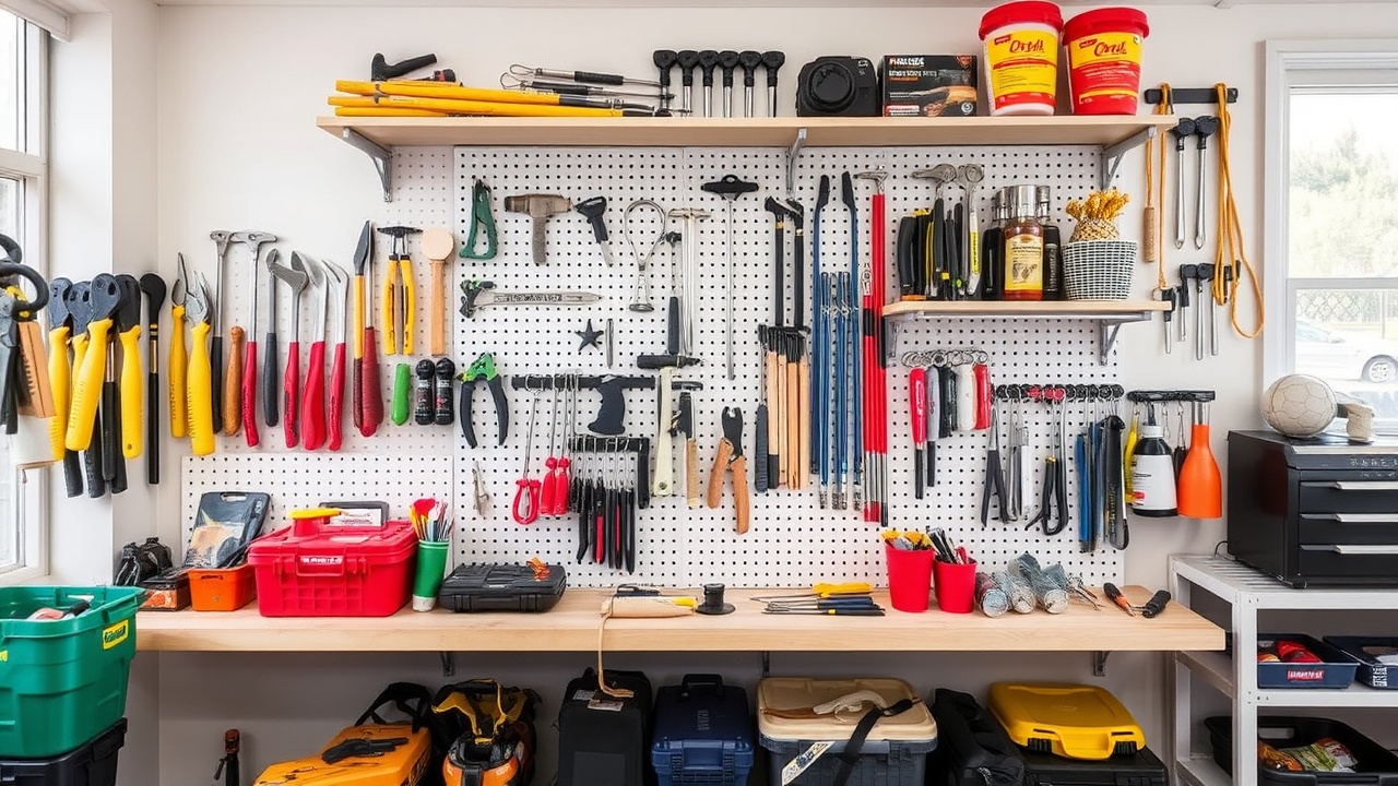 Różnorodność narzędzi ręcznych wyeksponowanych na drewnianej półce.