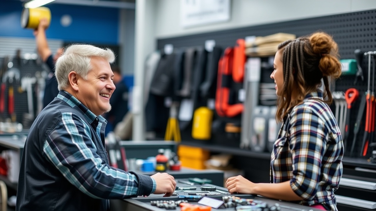 Przyjazny sprzedawca pokazuje narzędzia klientowi.