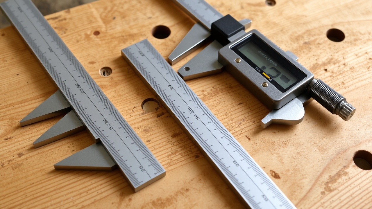 Obydwa rodzaje suwmiarki leżą na drewnianym stole warsztatowym.