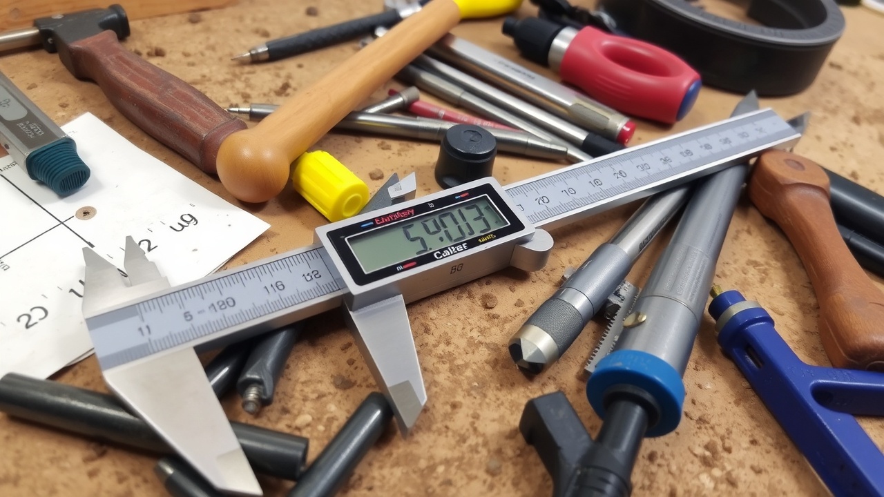 Suwmiarka leży na warsztacie otoczona narzędziami.