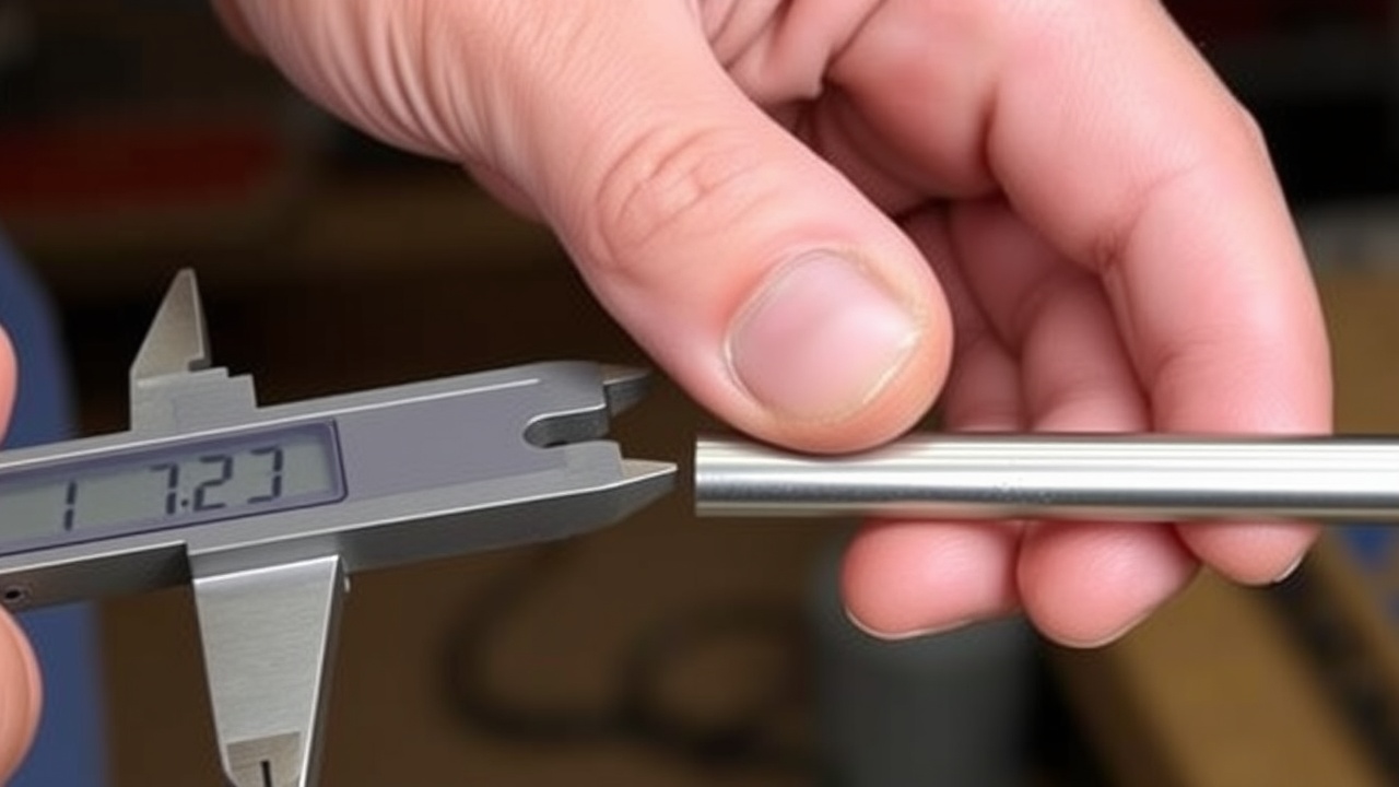 Ręka dostosowuje szczęki suwmiarki, aby pasowały do metalowego pręta.